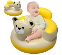 Blow Up Baby Chair Inflatable Baby Seat Built-in Pump Foldable Inflatable Baby Chair Yellow Bear Pattern with Neck Pillow & Drainage Holes Bathroom Baby Sofa for 6 to 36 Months