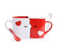 Blu Devil Kissing Mugs Set, Anniversary & Wedding Gifts, Exquisitely Crafted Large Red & White Cups & Spoons for Couples, Him and Her for Valentine's Day, Birthday, Christmas, Mr & Mrs Home Decor