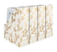 Blu Monaco Decorative Foldable Magazine Storage Boxes for Desk Set of 4 with Gold Floral Pattern and Gold Label Holder - Ideal Book Boxes or Vertical File Organizer Make Bookshelf Organization Easy