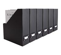 Blu Monaco Foldable Black Magazine File Holder with Leather Label Holder - Set of 6 Cardboard Magazine File Boxes Desk File Organizer