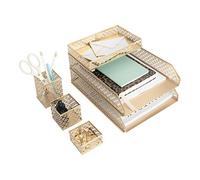 Blu Monaco Office Supplies Gold Desk Accessories for Women-6 Piece Interlocking Stylish Desk Organizer Set- Pen Cup, 3 Accessory Trays, 2 Letter Trays-Gold Office Paper Tray Holder