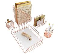 BLU MONACO | Rose Gold Desk Organizer Set 5 Piece | Mail Sorter Organizer Countertop with Letter Sorter for Desk | Standing File Organizer for Desk with Mesh Pen Holders