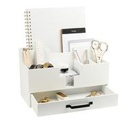 BLU MONACO | White Wood Desk Organizer with Drawer | Compact Desktop Mail & Office Supplies Storage with 6 Compartments | Modern Home Office Accessories for Women, Kitchen Counter & Reception Areas