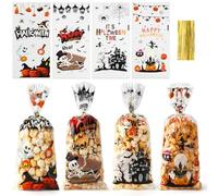 Bluckincle 100PCS Halloween Cellophane Treat Bags,Halloween Goodie Bags,Trick or Treat Bag,Cotton Candy Bag with Ties for Snacks Cookies Packing,Spooky Party Supplies Favors,4 Designs(11"X 5"Inch)