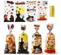 Bluckincle 100PCS Halloween Treat Bags,Halloween Candy Bags,Plastic Clear Goodie Bag with 100PCS Twists for Treat or Treating,Popcorn Snack Goodie cellophane Bag for Fall Party Supplies Favors