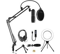 Blucoil USB Cardioid Condenser Microphone with Built-In Headphone Jack, Mute Button Bundle with 1080p USB Webcam, Boom Arm Plus Pop Filter, 6" Ring Light, Samson SR350 Headphones, and USB-A Mini Hub