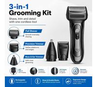 BluCore 3-in-1 Cordless Grooming Kit - Rechargeable Foil Shaver in Black
