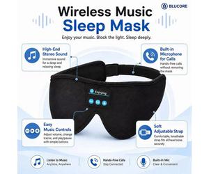 Blucore Black Wireless Music Sleep Mask With Built-In Speakers And Microphone