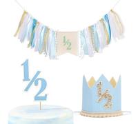 Blue 1/2 Birthday Decorations Set - Half Way to One High Chair Banner,Simple 6 Months Party Cake Topper,Blue 1/2 Birthday Crown,Half Cake Smash Party Photo Props