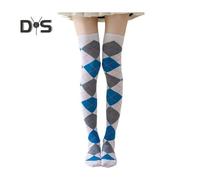 (blue) 1 Pair Winter Socks Rhombus Printing Over-the-knee Socks Warm Extra Loose Ankles Contrasting Color Stockings for Daily Wear Dancing