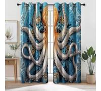 Blue 100% Blackout Curtains for Bedroom, Abstract Mandala Octopus Pattern Opaque Curtains with Eyelets - 65 inch Long Thermal Insulated Window Drapes W 29.5" x L 65"