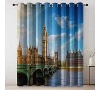 Blue 100% Blackout Curtains, Modern Big Ben Sky Print Summer Thermal Insulated Curtain, W 46" x L 54" (2 Panels) Eyelet Noise Reducing Curtains for Bedroom Living Room Office Drapes Window