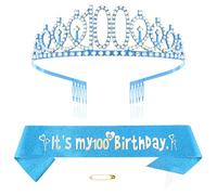 Blue 100th Birthday Tiara Sash for Girls Princess Crown Crystal Queen Tiara Birthday Headbands Happy Birthday Decorations Birthday Sash Tiara Kit Girl Birthday Clothing Accessories Party Supplies