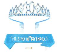 Blue 10th Birthday Tiara Sash for Girls Princess Crown Crystal Queen Tiara Birthday Headbands Happy Birthday Decorations Birthday Sash Tiara Kit Girl Birthday Clothing Accessories Party Supplies