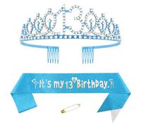 Blue 13th Birthday Sash for Girls Birthday Princess Crown Queen Tiara Rhinestone Birthday Headbands Birthday Girl Sash Happy Birthday Decorations for Girls 13 Year Old Birthday Party Supplies