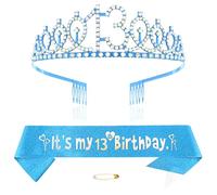 Blue 13th Birthday Tiara Sash for Girls Princess Crown Crystal Queen Tiara Birthday Headbands Happy Birthday Decorations Birthday Sash Tiara Kit Girl Birthday Clothing Accessories Party Supplies