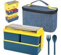 Blue 1400ml Lunch Box with 3 Compartments & 2-Tier Design - Leakproof Meal Prep Container with Insulated Bag & Cutlery Set, Microwave & Dishwasher Safe for Adults & Office