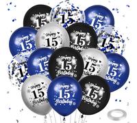 Blue 15th Birthday Balloons 24Pcs Navy Blue Black Silver Happy 15th Birthday Latex Balloons Confetti Balloon for Boys Girls 15 Birthday Anniversary Party Decorations Supplies 12 Inch