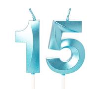 Blue 15th Birthday Candles - Number 15 Candles for Birthday Cake, Cake Toppers Decorations for 15 Year Old Girls