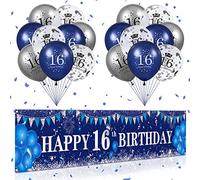 Blue 16th Birthday Decorations for Boys Girls, Navy Blue Silver Happy 16th Birthday Banner and Balloons for Sixteen Year Old Party Decorations