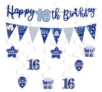Blue 16th Birthday Decorations for Boys, Happy 16th Birthday Banner Hanging Swirls Backdrop Decorations, 16 Year Old Boy Birthday Decorations Party Supplies