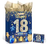Blue 18th Birthday Gift Bag, Large Navy Blue Gold Happy 18th Birthday Gift Wrap Bag with Greeting Card and Tissue Paper for Boys Men Blue 18 Anniversary Party Favors Goodie Wrapping Bag Supplies