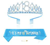 Blue 18th Birthday Tiara Sash for Girls Princess Crown Crystal Queen Tiara Birthday Headbands Happy Birthday Decorations Birthday Sash Tiara Kit Girl Birthday Clothing Accessories Party Supplies