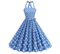 Blue 1950s Dresses for Women - Vintage, Midi, Polka Dot, Halter Neck, Sleeveless, A Line, Pleated, Swing, Bow Tie, Cocktail, Party, Evening, 50s Fancy Dress