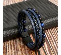 (blue, 19cm) Classic Fashion Tiger Eye Beaded Multi Layer Leather Bracelet For Men Hand-woven Leather Men Bracelets Punk Bangle Jewelry For Male