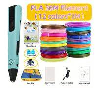 (Blue) 1SET 3D Printing Pen Kit | Includes 12 Colors 3-Meter PLA Filaments, Finger Cots, 22-Pattern Drawing Board, Type-C