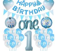 Blue 1st Birthday Decorations for Boys - Happy Banner, Number 1 Balloon, Love, "One" Foil Balloon, Pennant - Baby Boy 1 Year Old Party Supplies