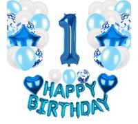 Blue 1st Birthday Decorations - Happy Birthday Foil Balloons, Number 1, Banners for Boys & Girls