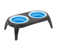 (Blue) 2 Collapsible Rubber Pet Bowls With Plastic Stand