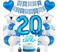Blue 20th Birthday Cake Decoration - Men & Women, Silver Party Decoration