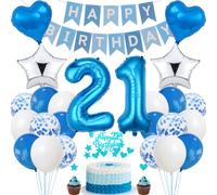 Blue 21st Birthday Cake Decoration - Silver Party Decoration for Men & Women