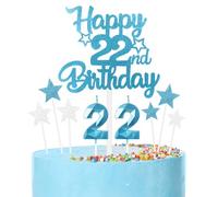Blue 22nd Birthday Candles & Cake Toppers Set - Blue Number 22 Candle, Silver Cake Decorations - Happy Birthday Toppers for Girls & Boys