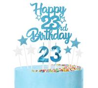 Blue 23rd Birthday Candles & Cake Toppers Set - Blue Number Candles, Silver Cake Decorations for Girls & Boys Birthday Parties