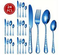 (Blue, 24pcs-6 servings) Merry Christmas Stainless Steel Flatware Set - Includes Dining Knife, Fork, Spoon & Dessert Spoon with Festive Snowflake Design