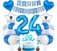 Blue 24th Birthday Cake Decoration - Silver Party Decoration for Men and Women