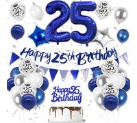 Blue 25th Birthday Decorations for Men - Balloons, Banner, Cake Toppers, Number 25 for Birthday Celebrations