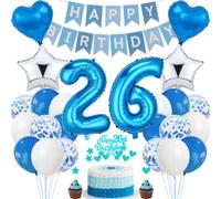 Blue 26th Birthday Cake Decoration - Silver Party Decoration for Men & Women