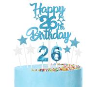 Blue 26th Birthday Candles & Cake Toppers Set - Blue Number 26 Candles, Silver Cake Decorations, Happy Birthday Toppers for Girls & Boys