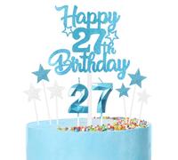 Blue 27th Birthday Candles Cake Toppers Set, Number 27 Candle for Cake, Silver Decorations, Happy Birthday Cake Toppers for Girls Boys Women Men Party Decorations