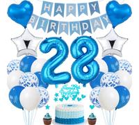 Blue 28th Birthday Cake Decoration for Men & Women - Silver Party Decoration