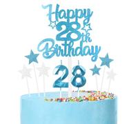 Blue 28th Birthday Candles Cake Toppers Set, Blue Number Candles 28 Candle for Cake, Blue Silver Cake Decorations, Blue Happy Birthday Cake Toppers for Girls Boys Women Men Birthday Party Decorations