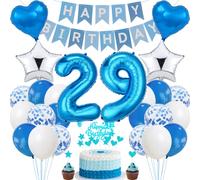 Blue 29th Birthday Cake Decoration - Silver Party Decoration for Men & Women