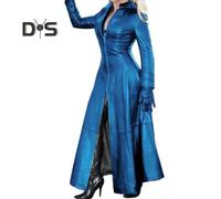 (blue, 2XL) Women Faux Leather Long Jacket Stand Collar Zipper Placket Cyberpunk Coat Tight Waist Split Hem Casual Loose Solid Color Jacket Fashion Autumn Winter
