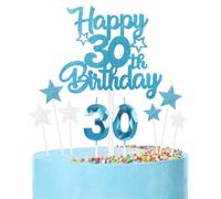 Blue 30th Birthday Candles & Cake Toppers Set - Blue Number 30 Candle, Silver Cake Decorations - Happy Birthday Toppers for Girls, Boys, Women & Men - Party Decorations