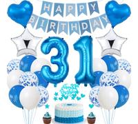 Blue 31st Birthday Cake Decoration - Men & Women, Silver Party Decoration