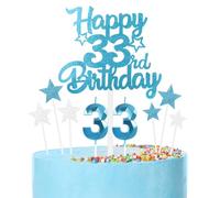 Blue 33rd Birthday Candles & Cake Toppers Set - Blue Number 33 Candle, Silver Cake Decorations - Happy Birthday Toppers for Girls, Boys, Women & Men - Party Decorations
